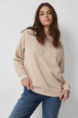 Ardene American Destination Crew Neck Sweatshirt in Beige | Size Large | Polyester/Cotton | Fleece-Lined