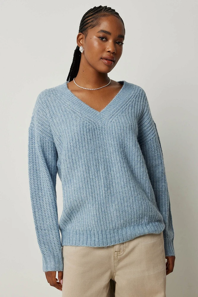 Ardene Long V-Neck Sweater in Medium Blue | Size | Polyester