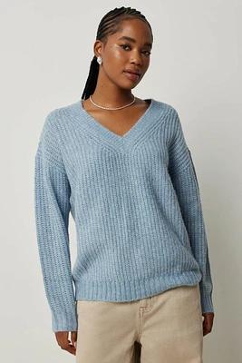 Ardene Long V-Neck Sweater in Medium Blue | Size | Polyester