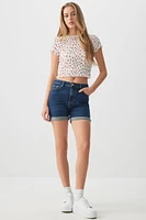 Ardene High Rise Midi Denim Shorts in Dark Blue | Size | Cotton/Elastane