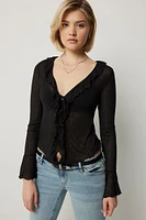 Ardene Tie Front Top with Frills in Black | Size | Polyester