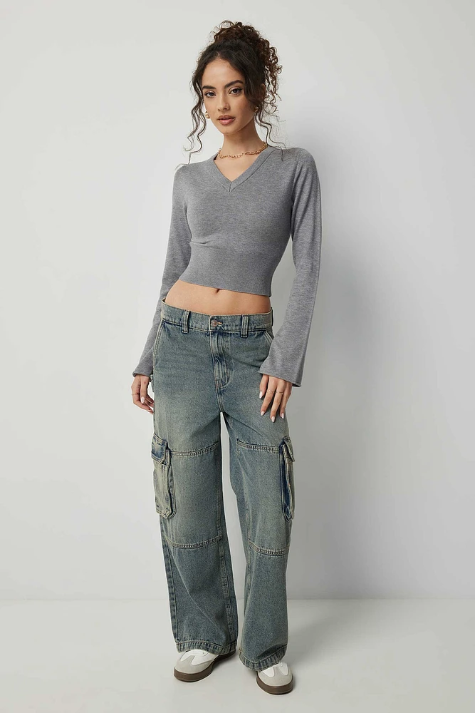 Ardene Mid Rise Baggy Cargo Jeans in Medium Blue | Size | 100% Cotton