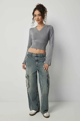 Ardene Mid Rise Baggy Cargo Jeans in Medium Blue | Size | 100% Cotton