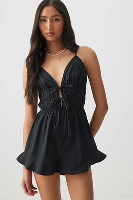 Ardene Ruffle Hem Front Tie Romper in Black | Size | Polyester/Cotton