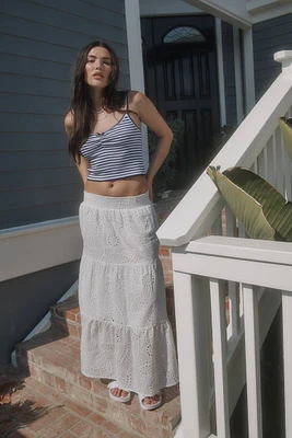 Ardene White Eyelet Maxi Tiered Skirt | Size | 100% Cotton