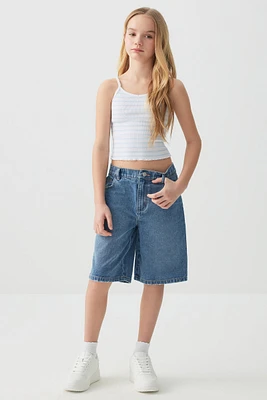 Ardene Kids Elastic Waist Jorts in Medium Blue | Size 7 | Polyester/Cotton