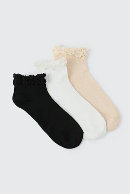 Ardene 3-Pack Demi Crew Socks with Frills in Beige | Polyester/Spandex