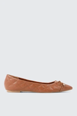Ardene Quilted Pointed Toe Ballet Flats in Cognac | Size | Faux Leather | Eco-Conscious