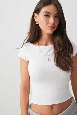 Ardene Fitted Boat Neck T-Shirt in White | Size | Cotton/Elastane