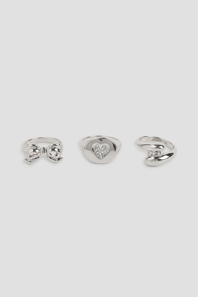 Ardene -Pack Bow & Heart Rings in Silver | Size