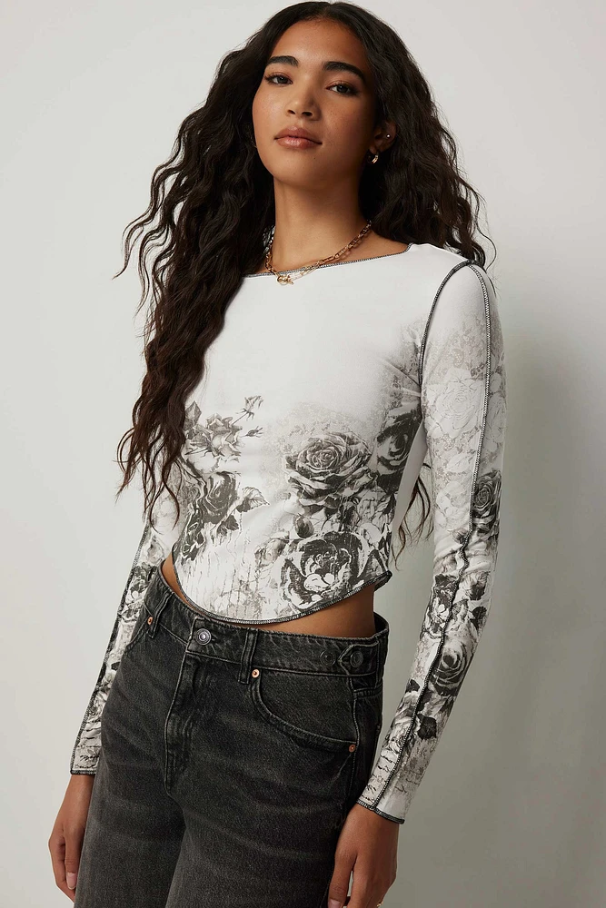 Ardene Floral Long Sleeve Top in White | Size XS | Elastane/Viscose