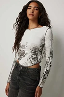 Ardene Floral Long Sleeve Top in White | Size XS | Elastane/Viscose