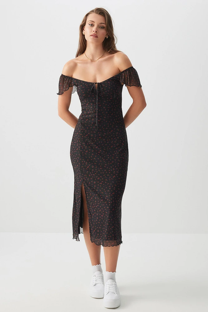 Ardene Mesh Midi Dress with Slit in Black | Size XS | Polyester/Spandex