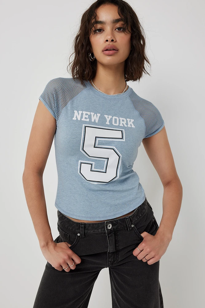 Ardene Destination Mesh Sleeve Raglan T-Shirt in Light Blue | Size | Spandex/Cotton