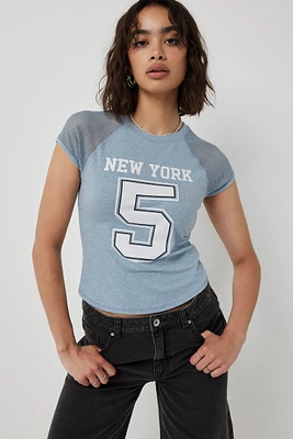 Ardene Destination Mesh Sleeve Raglan T-Shirt in Light Blue | Size | Spandex/Cotton