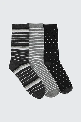Ardene 3-Pack Polka Dot & Stripe Crew Socks in Black | Polyester/Spandex