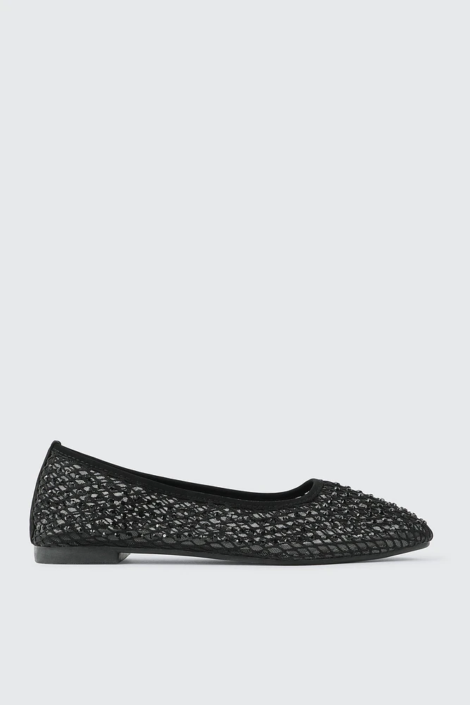 Ardene Fishnet Ballet Flats with Rhinestones in Black | Size | Faux Leather