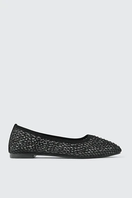 Ardene Fishnet Ballet Flats with Rhinestones in Black | Size | Faux Leather