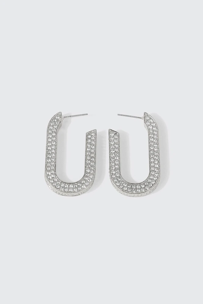 Ardene Embellished Rectangular Hoop Earrings in Silver | Stainless Steel