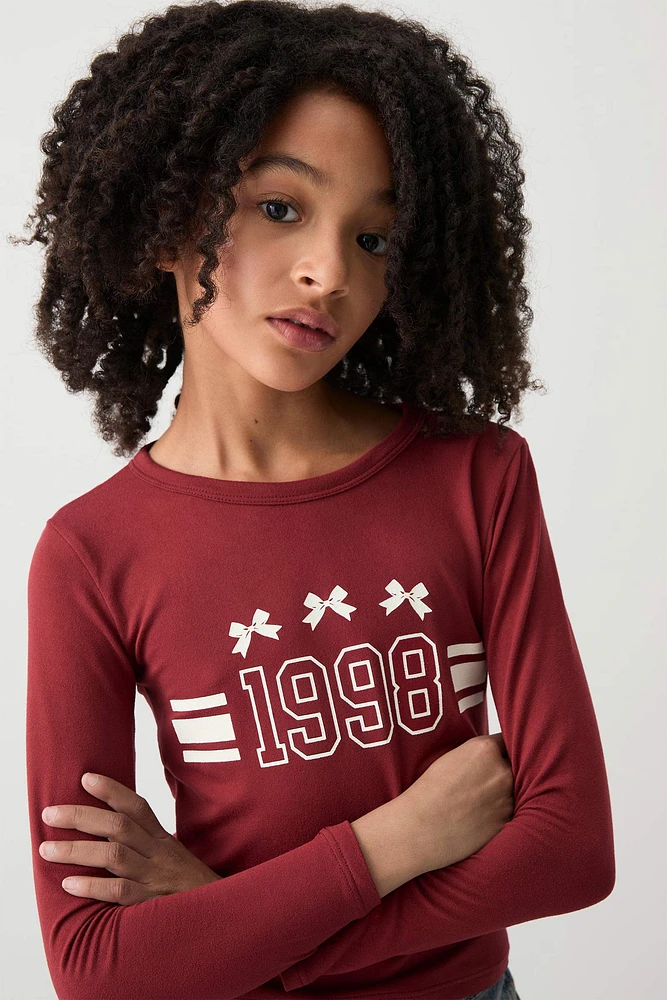 Ardene Kids Graphic Long Sleeve T-Shirt in Burgundy | Size | Polyester/Spandex