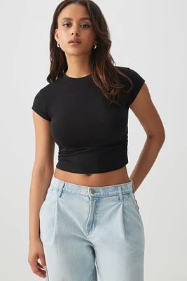 Ardene Ruched Side T-Shirt in Black | Size | Cotton/Elastane/Viscose