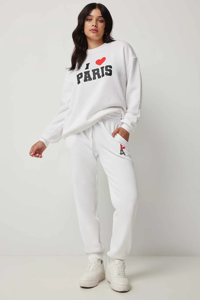 Ardene Printed Sweatpants in White | Size Small | Polyester/Cotton | Fleece-Lined