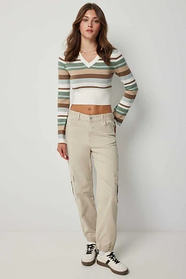 Ardene Mid Rise Twill Cargo Joggers in Beige | Size Large | Cotton/Elastane