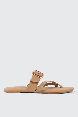 Ardene Toe Loop Flat Sandals with Chunky Buckle in Beige | Size | Faux Leather | Eco-Conscious