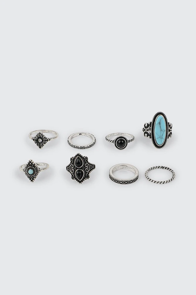 Ardene 8-Pack Boho Rings in Light Blue | Size Small