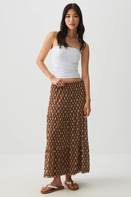 Ardene Printed Tiered Maxi Skirt in Brown | Size | Polyester/Spandex