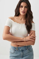 Ardene Crop Off Shoulder Henley Top in White | Size | Nylon/Elastane