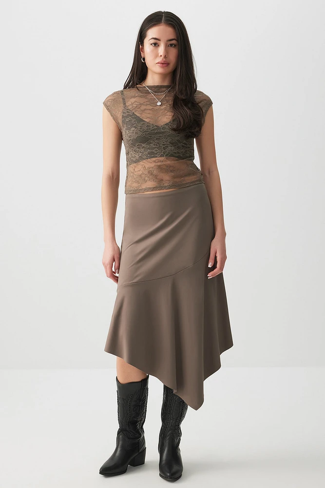 Ardene Contour Asymmetrical Midi Skirt in Brown | Size XS | Elastane/Polyamide