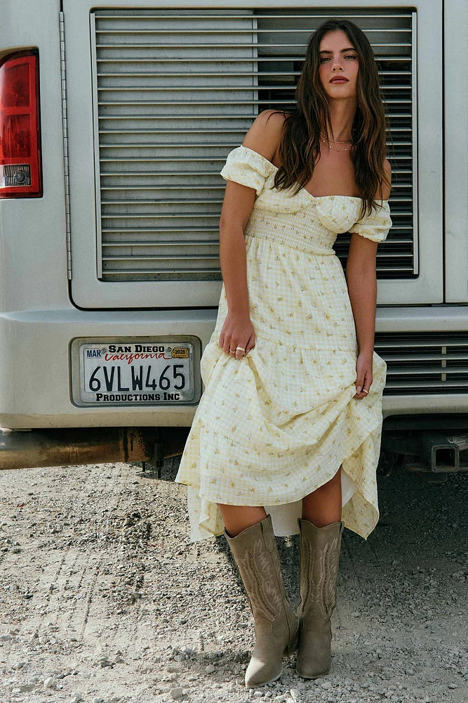 Ardene Midi Tiered Milkmaid Dress in Light Yellow | Size Small | Polyester/Elastane