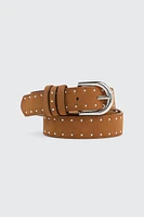 Ardene Studded Faux Suede Belt in Brown | Size Small