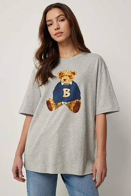 Ardene Bear Print Oversized T-shirt in Grey | Size Medium | 100% Cotton