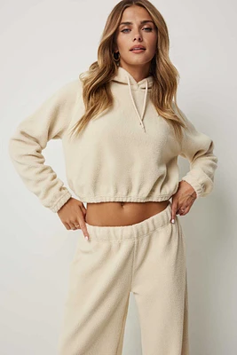 Ardene Crop Sherpa Hoodie in Beige | Size Large | Polyester