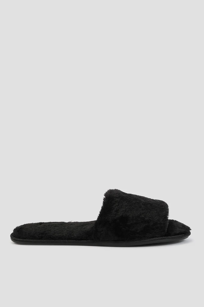 Ardene One Band Faux Fur Slippers in Black | Size 11.5 | Polyester
