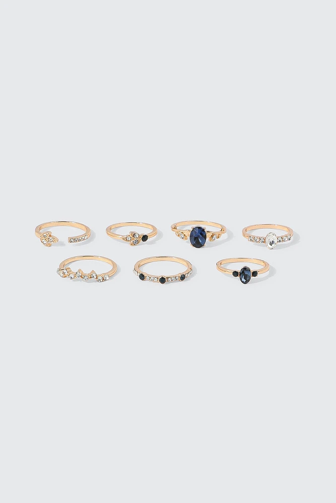 Ardene 7-Pack Rings with Sapphire-Style Stones in Gold | Size