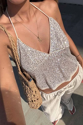 Ardene Sequin Halter Tank in Beige | Size Medium | Polyester