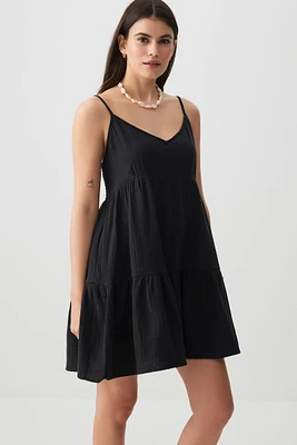 Ardene Crinkle Mini Tiered Dress in Black | Size | 100% Cotton