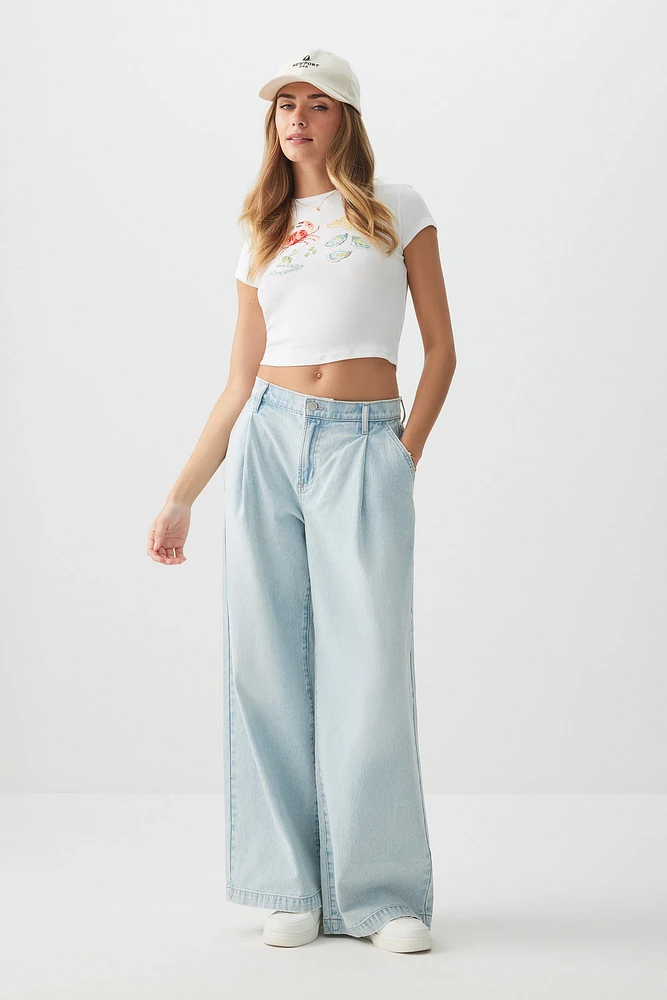 Ardene Mid Rise Wide Leg Jeans with Pleats in Light Blue | Size | Polyester/Rayon/Cotton