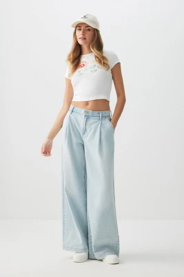 Ardene Mid Rise Wide Leg Jeans with Pleats in Light Blue | Size | Polyester/Rayon/Cotton