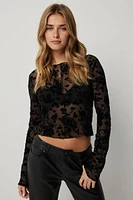 Ardene Flocked Floral Mesh Top in Black | Size XS | Polyester/Elastane