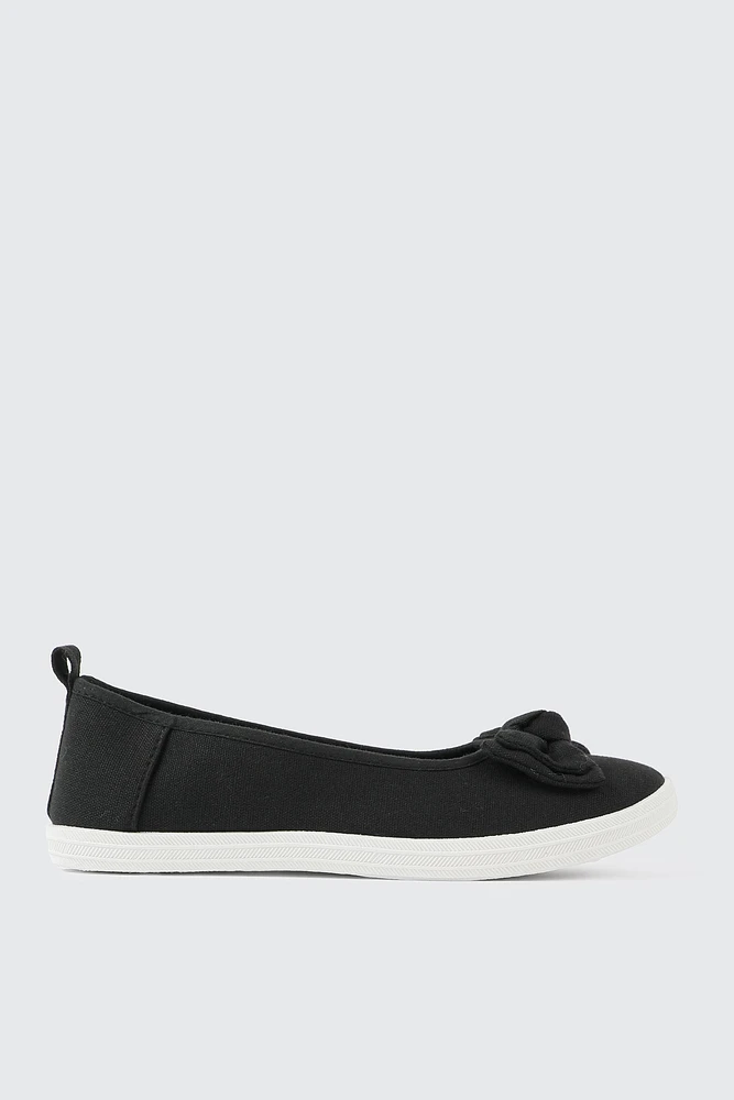 Ardene Canvas Slip On Shoes With Bow Detail in Black | Size