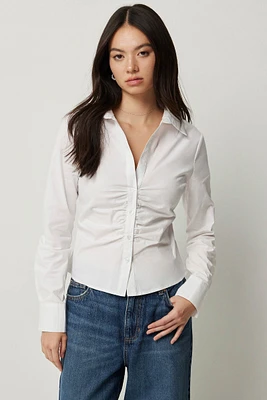 Ardene Fitted Shirred Shirt in White | Size XL | Cotton/Elastane