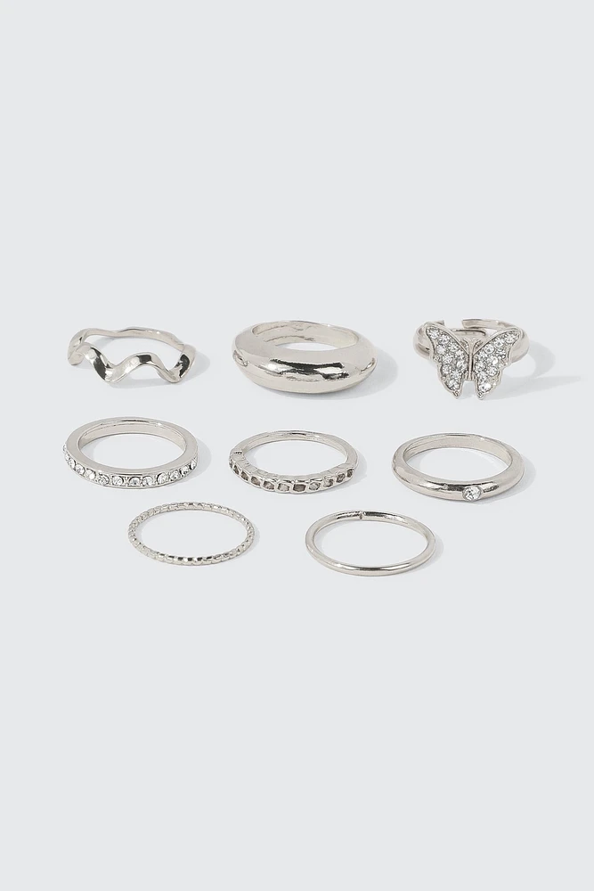 Ardene 8-Pack Butterfly & Crystal Rings in Silver | Size
