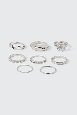 Ardene 8-Pack Butterfly & Crystal Rings in Silver | Size