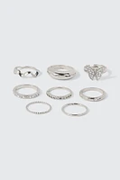 Ardene 8-Pack Butterfly & Crystal Rings in Silver | Size