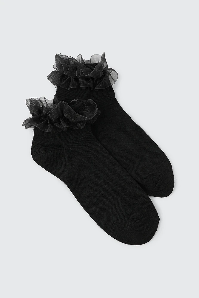 Ardene Chiffon Frill Demi Crew Socks in | Polyester/Spandex