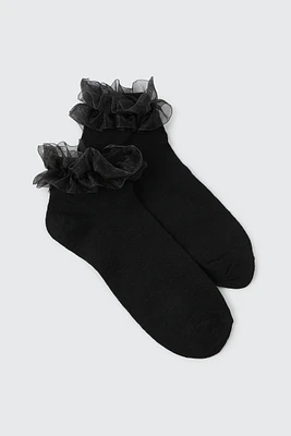Ardene Chiffon Frill Demi Crew Socks in Black | Polyester/Spandex